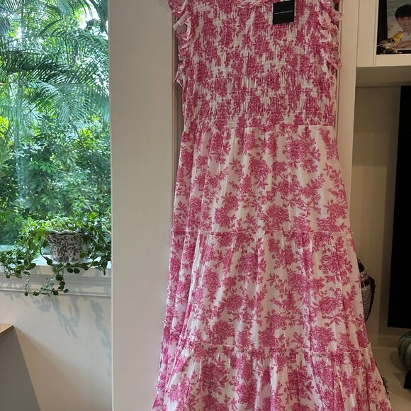 SAKS FIFTH AVENUE PINK AND WHITE SMOCKED MIDI DRESS - Picture 2 of 4